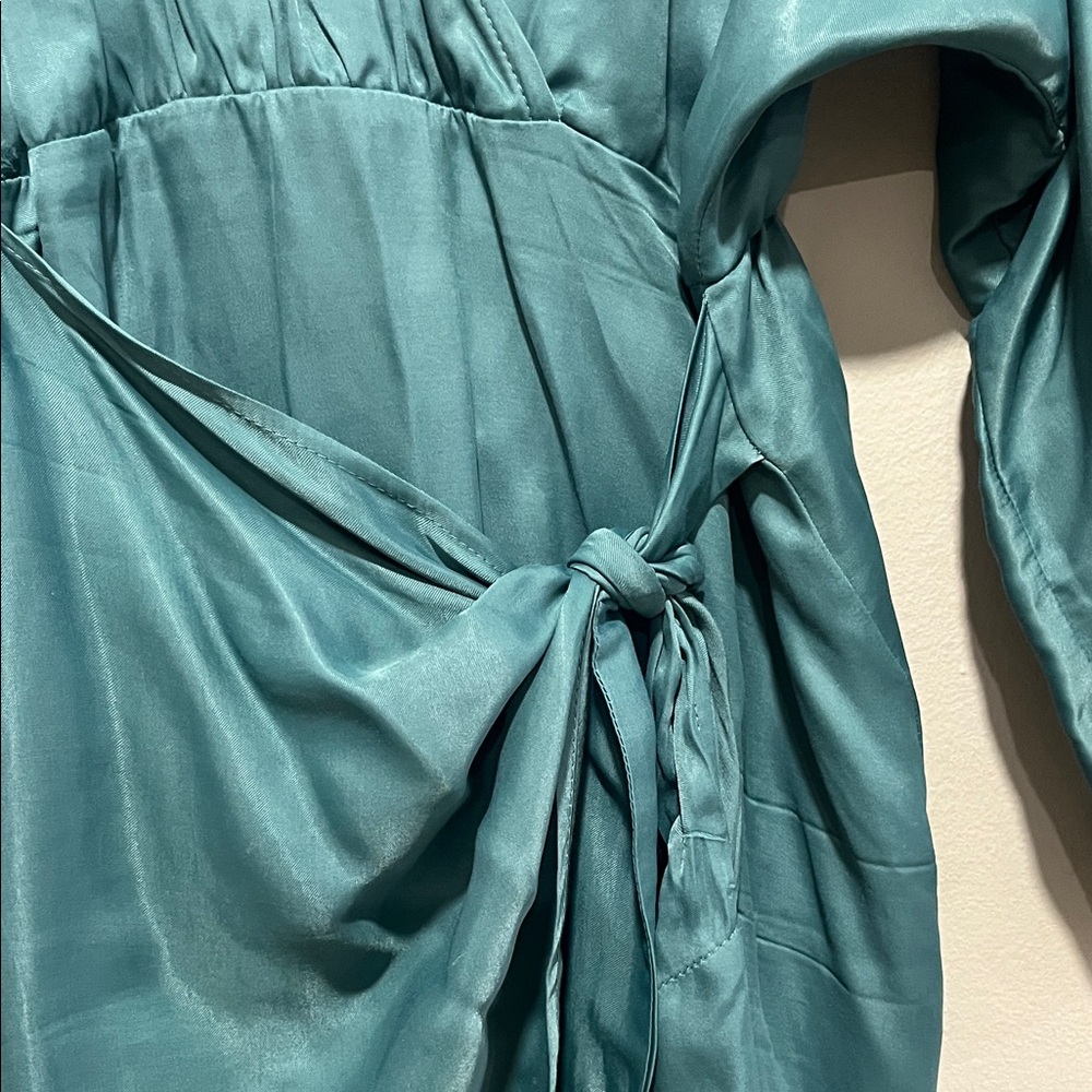Zara Teal Satin Wrap Dress with Front Tie - Picture 4 of 7
